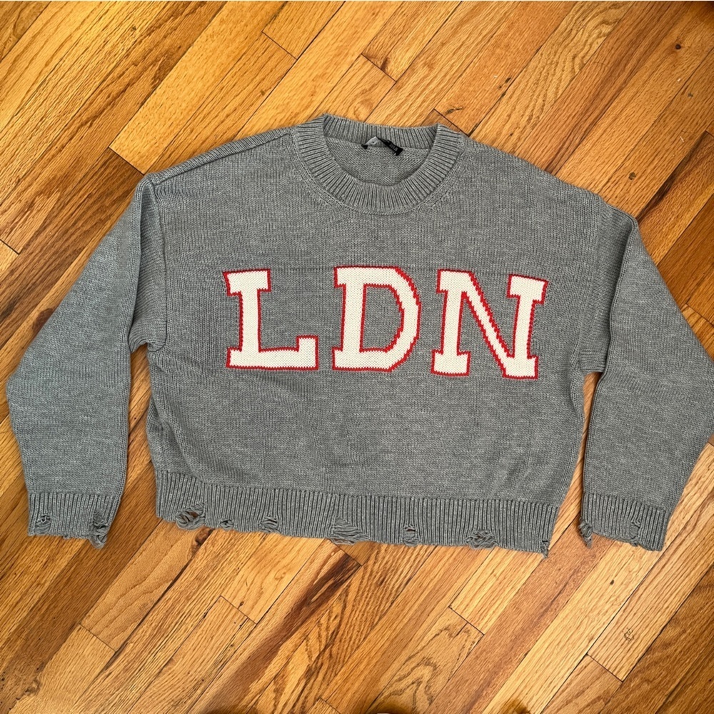 Stradivarius London Abbreviation LDN Distressed Knit Sweater